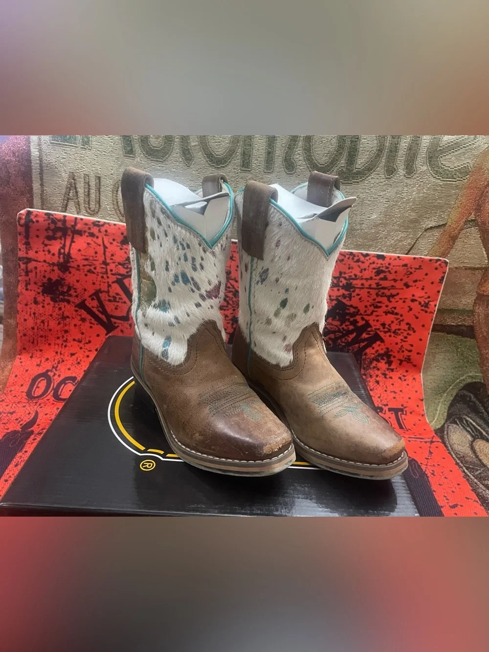 Dan Post Youth Girls Rumi Cowboy Boots Leather White Rainbow Cowhide Sz 11